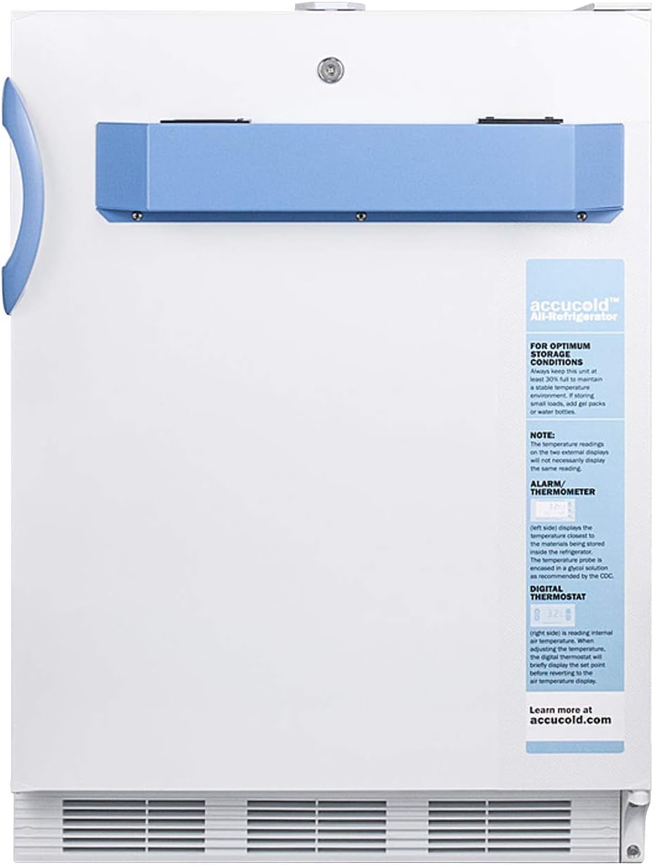 Summit Appliance FF7LWBIMED2ADA 24' Wide Built-In All-Refrigerator, ADA Compliant; 5.5 cu.ft. Capacity; Automatic Defrost; High/low Temperature Alarm; Digital Thermostat; and Factory Lock