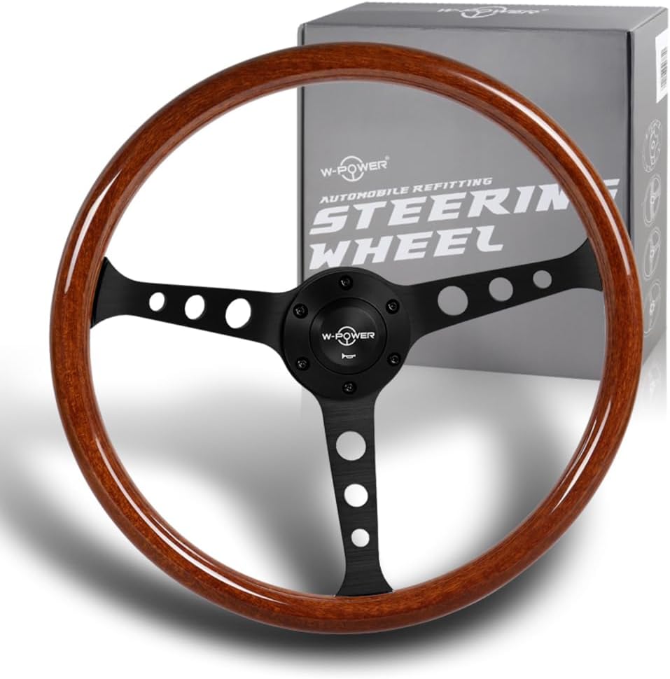 W-Power, 15' Reinforced 380mm 6 Bolt Hole Aluminum Finised Brown Wood Grain Trim Steering Wheel, Black Horn Button JDM Euro VIP Style, 3' Deep (Brown Wood Grain/Matt Black Spoke)
