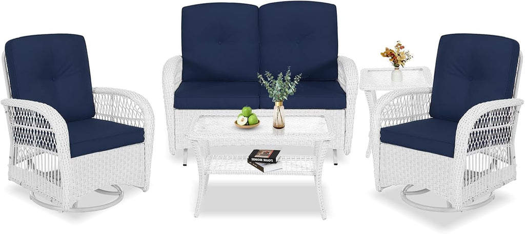 VIVIJASON 5-Piece Outdoor Patio White Wicker Conversation Sets, All Weather Outdoor Rattan Furniture Set Includes Glider Loveseat, 2 Coffee Table, 2 Swivel-Gliders Chairs with Cushions, Navy Blue