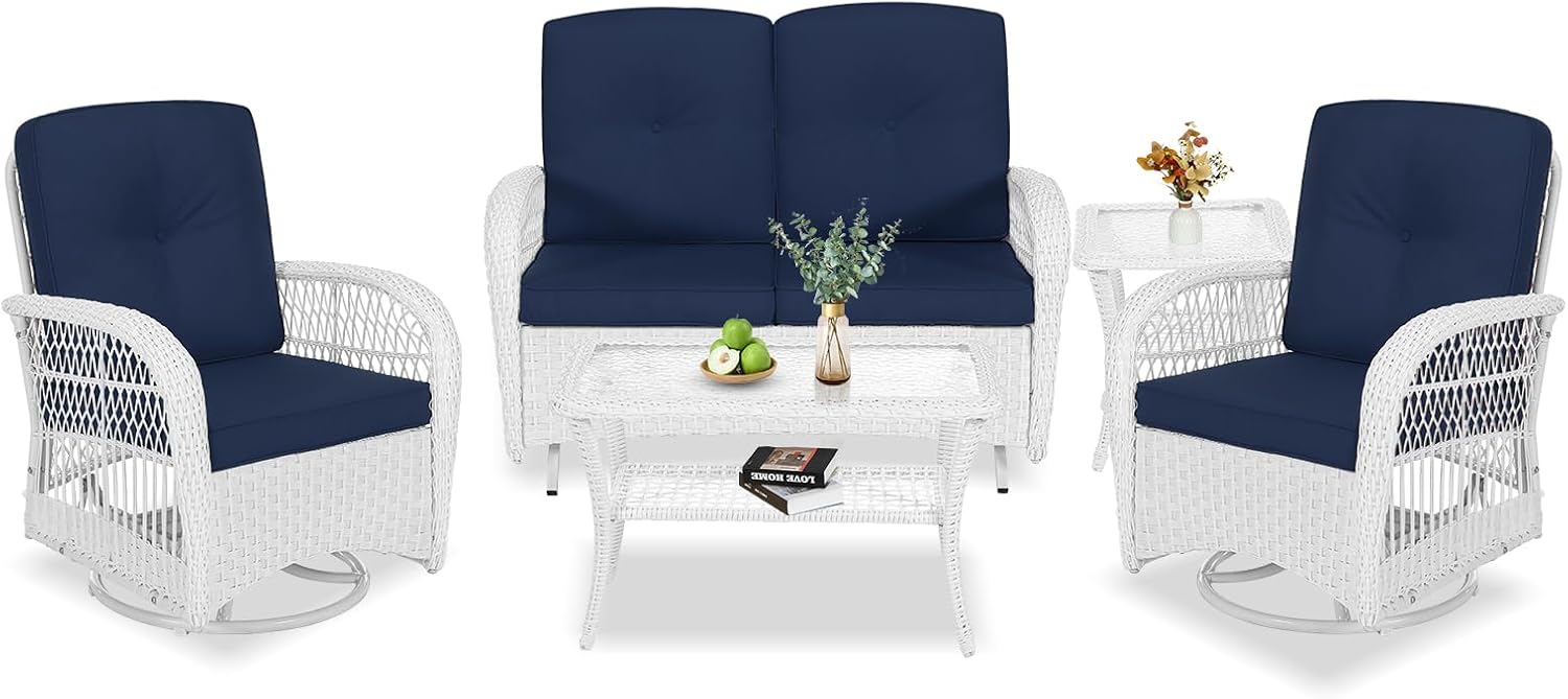 VIVIJASON 5-Piece Outdoor Patio White Wicker Conversation Sets, All Weather Outdoor Rattan Furniture Set Includes Glider Loveseat, 2 Coffee Table, 2 Swivel-Gliders Chairs with Cushions, Navy Blue