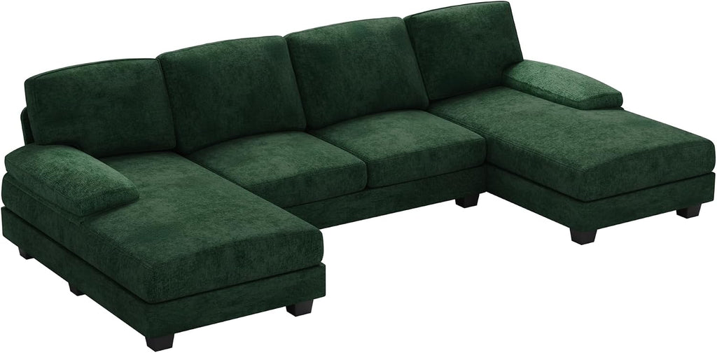 Furniwell Convertible Sectional Sofa Couch, 4 Seat Sofa Set for Living Room U-Shaped Modern Fabric Modular Sofa Sleeper with Double Chaise & Memory Foam (Fabric, Dark Green)