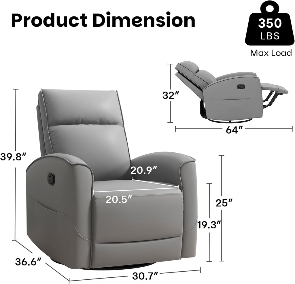 CANMOV Rocker Recliner Chair,360°Swivel Nursery Glider Recliner,Manual Recliner Sofa with Padded Armrest and Backrest,Leather Recliner for Small Spaces,Living Room,Bedroom (Grey)