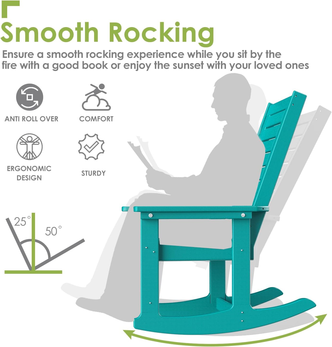 GREENVINES Outdoor Rocking Chair Set | 3-Piece | 2 Rocking Chairs with 1 Side Table | Porch Rocker | HDPE Plastic | Aqua | Patio Furniture Sets | High Back | Big & Tall | Ladder Back