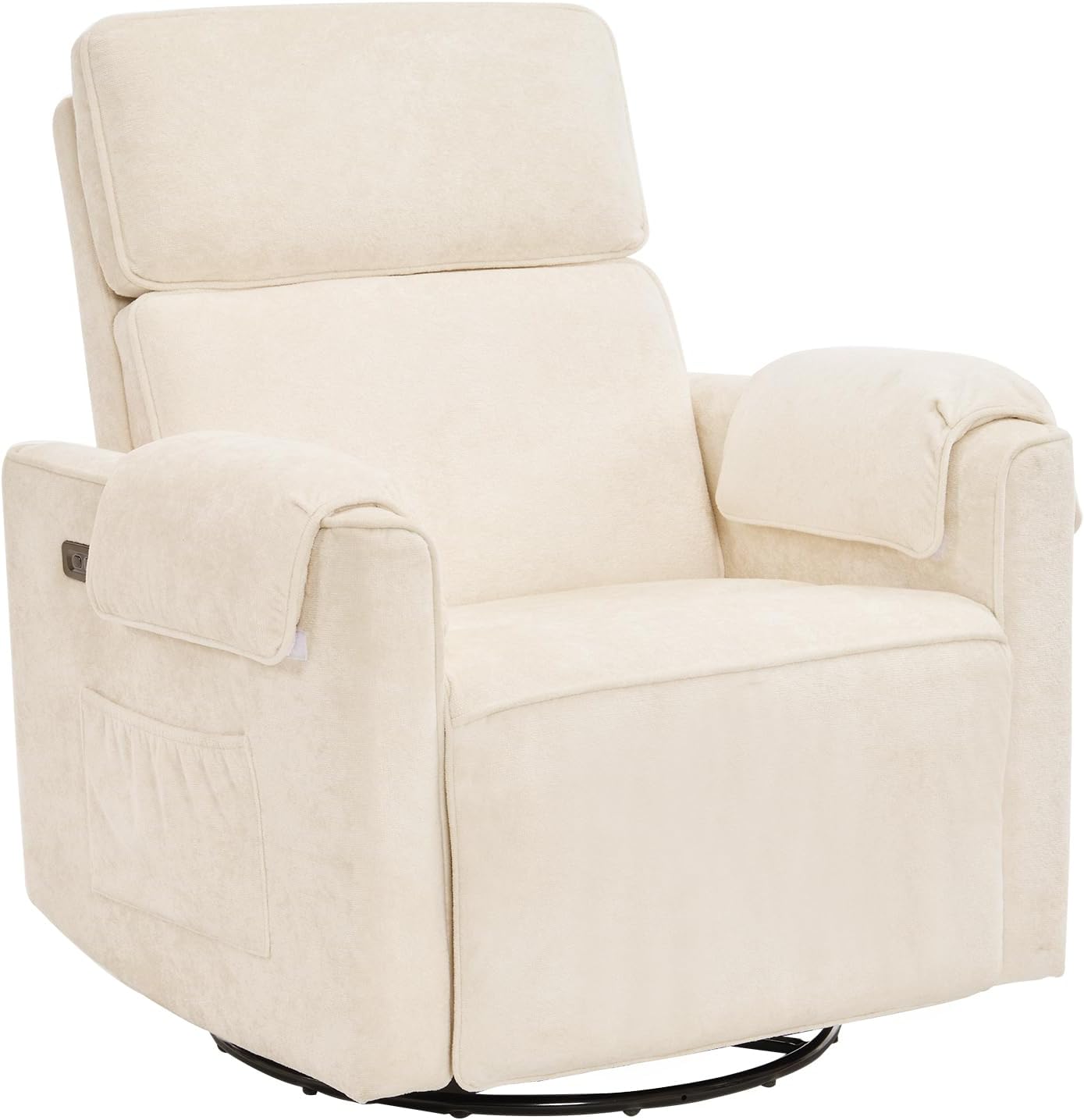 Chenille Rocking Chair Nursery with Adjustable Headrest, 24' Extra Wide Swivel Rocker Recliner with Overstuffed Armrest, Oversized Power Rocker Recliner with USB Ports, Cream