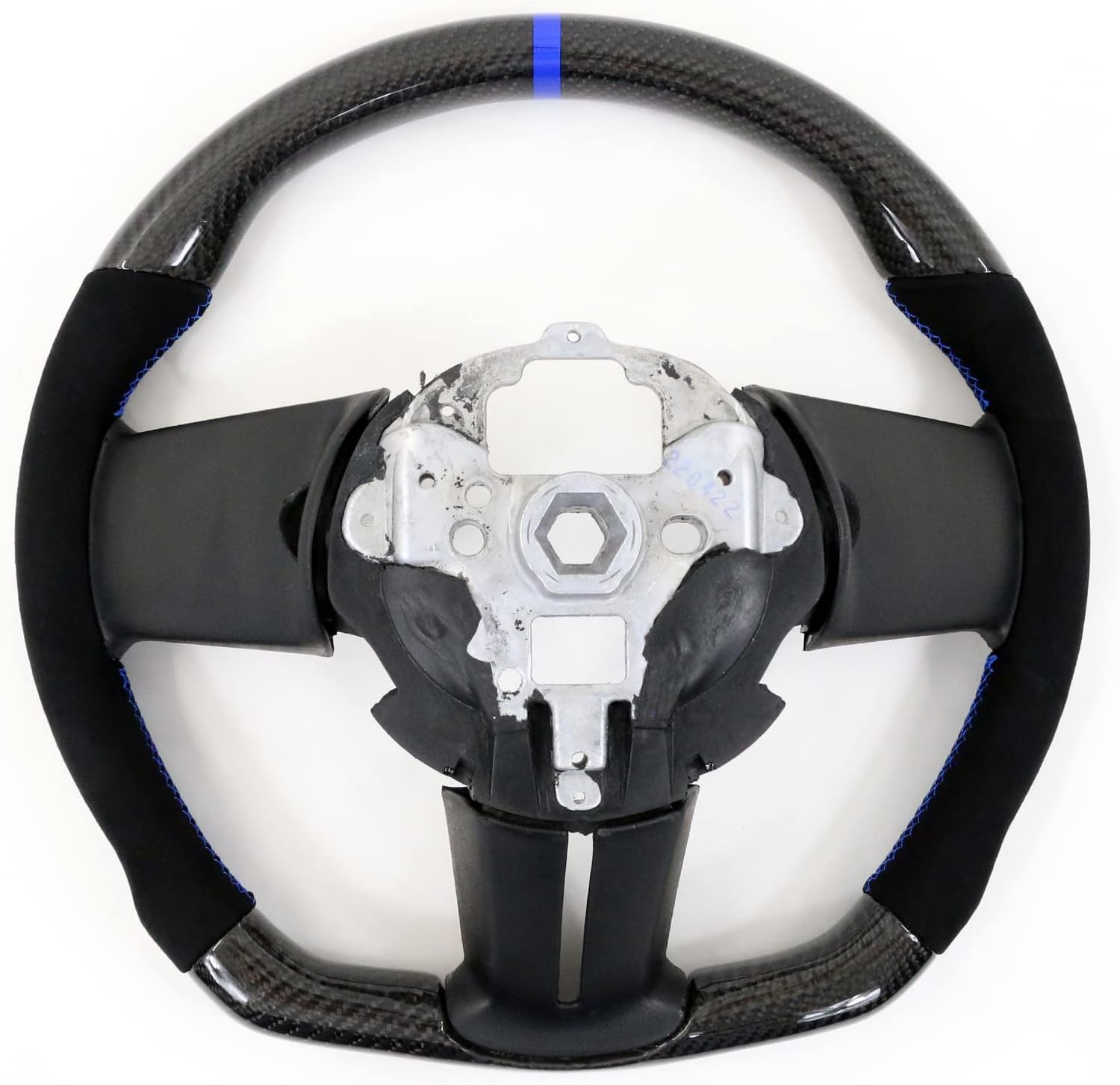 IKON MOTORSPORTS, Steering Wheel Compatible with 2010-2014 Ford Mustang, Steering Wheel Bodykit Replacement Carbon Fiber & Synthetic Suede Blue Stitch & Indicator, 2011 2012 2013