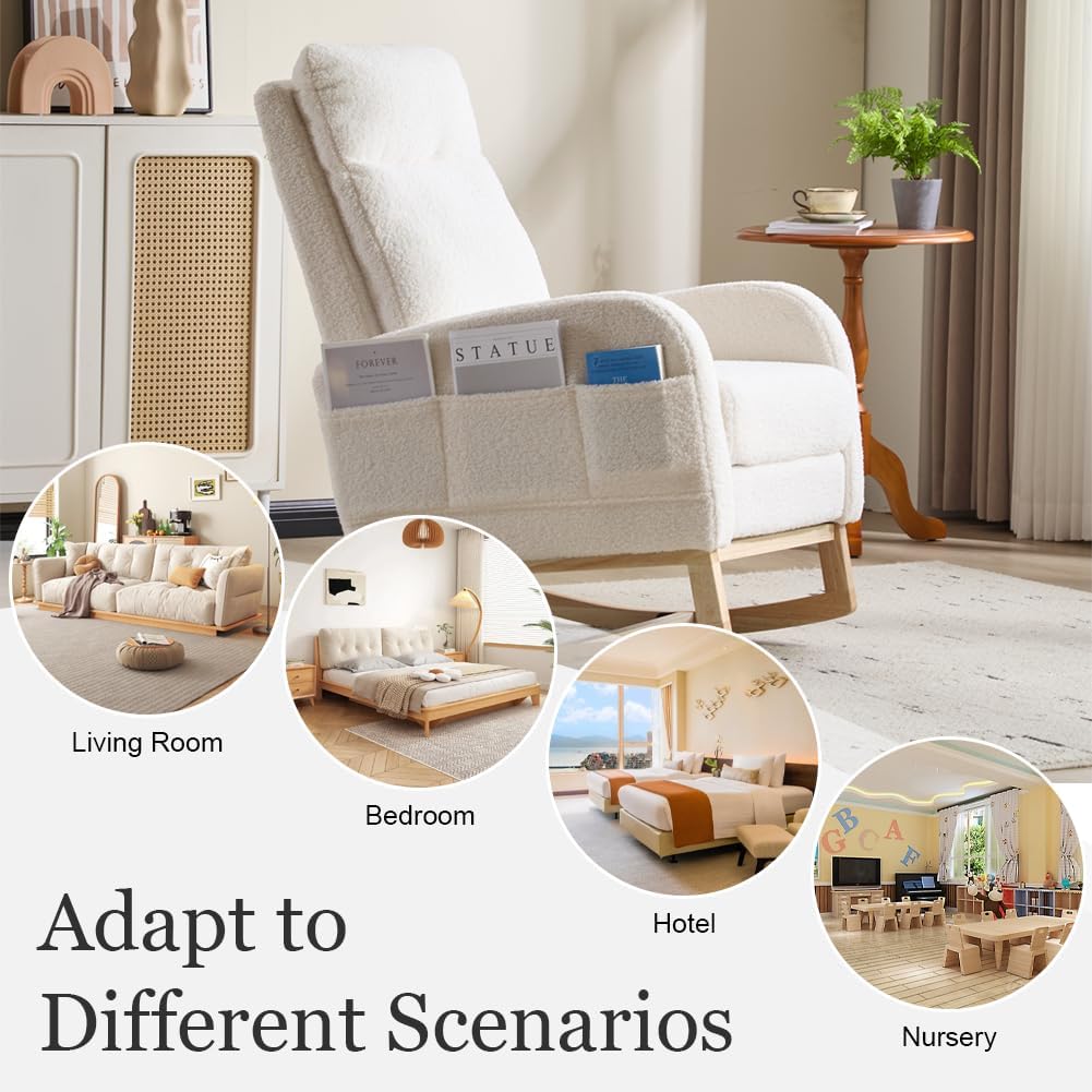 Rocking Chair Nursery with Foot Rest, Sherpa Nursing Rocking for Mom Nursery Rocker Chair with High Backrest, Armchair Rocker Glider with Side Pocket for Living Room, Bedroom, Teddy White