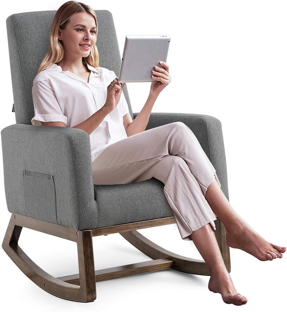 Giantex Rocking Chair Upholstered Living Room Chair with Padded Back and Seat, Wood Base, Rocking Chair for Nursery, Home Office & School Use (Gray)