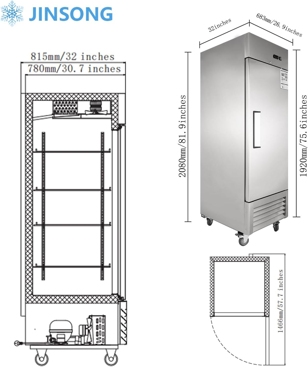 JINSONG 27' Commercial Refrigerator, 23 Cu.Ft Reach-in Stainless Steel Fridge with Single Solid Door for Restaurant, Bar, Shop, or Home Use