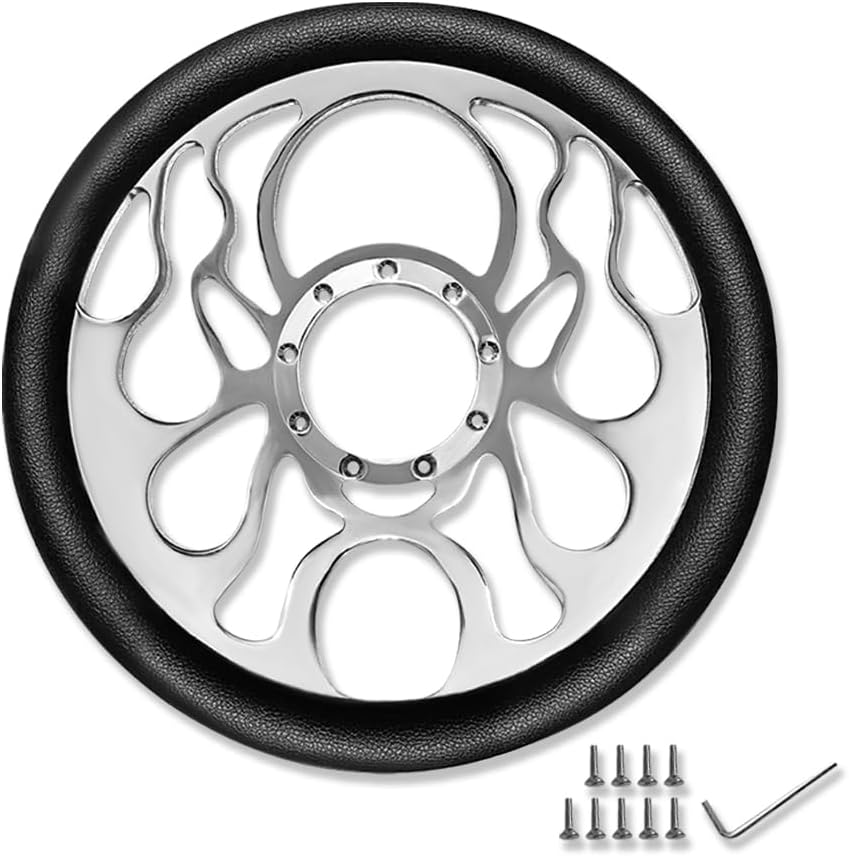 Chrome 14' Billet Aluminum 9 Holes Steering Wheel Flamed Style with Black Leather Half Wrap & Flamed Horn Button