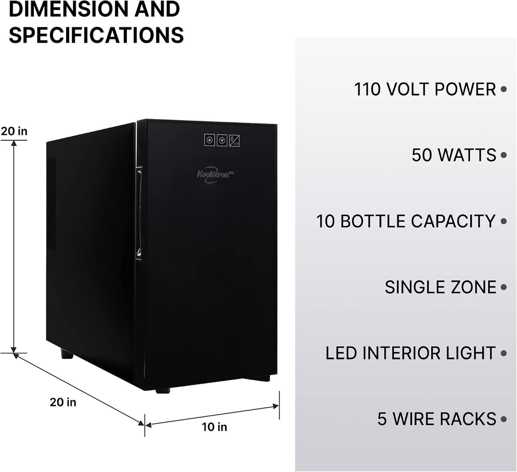 Koolatron Wine Fridge - Wine Cooler, 10 Bottle Wine Cabinet for Champagne, Red, White Wine, Thermoelectric Freestanding Celler For Bar, Home, Kitchen, Paned Glass Door