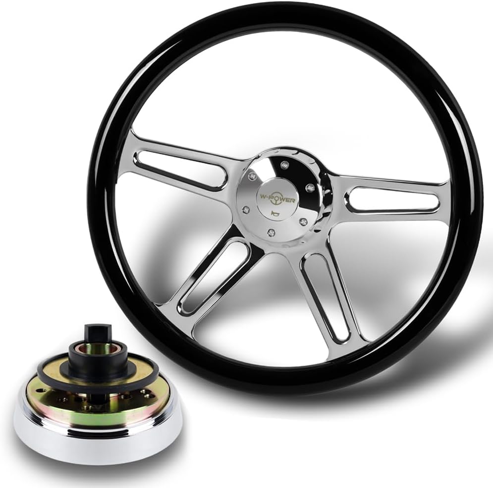 18' Universal 457mm 5 Bolt Hole 2 Inches Deep, Vintage Style Wood Grip Steering Wheel with Hub Adapter Compatible with T04 Kenworth, Peterbilt All Models (Black Wood Grip)