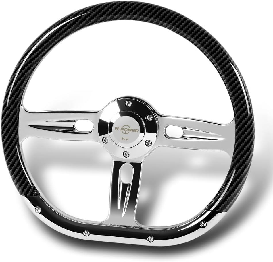 W-Power, 14' Universal 350mm 6 Bolt Hole Aluminum Polished Vinyl Wrap Leather Trim Steering Wheel, Chrome Horn Button JDM Euro VIP Style, 2' Deep (Carbon Fiber Painted Half Wrap)