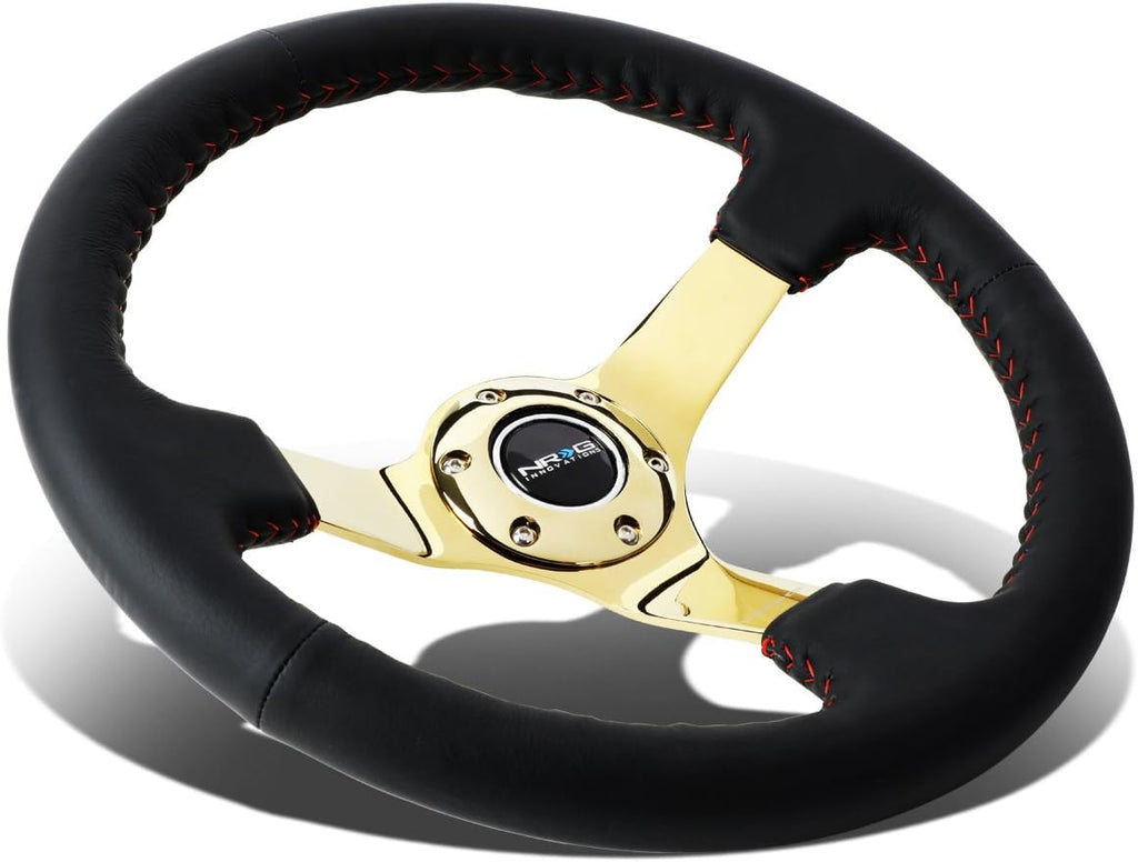 NRG Innovations NRG-RST-036GD Reinforced Steering Wheel - 350mm Sport Steering Wheel (3' deep) Black Leather with Red Baseball Stitching - Chrome Gold Spoke