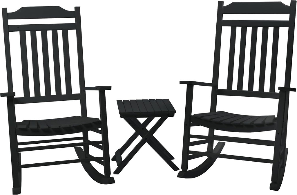 Kozyard 3-Piece Wooden Outdoor Rocking Chair Set with Foldable Side Table, Black Patio Rockers and End Table Furniture Set for Deck, Garden, Porch, Poolside (Black/2Chairs+Table)