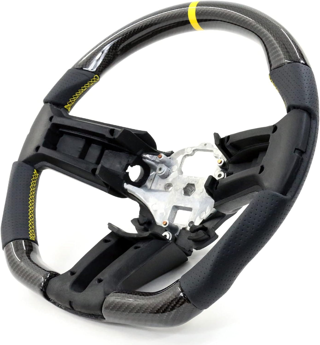 IKON MOTORSPORTS, Steering Wheel Compatible with 2010-2014 Ford Mustang, Steering Wheel Bodykit Replacement Carbon Fiber & Leather Yellow Stitch & Indicator, 2011 2012 2013