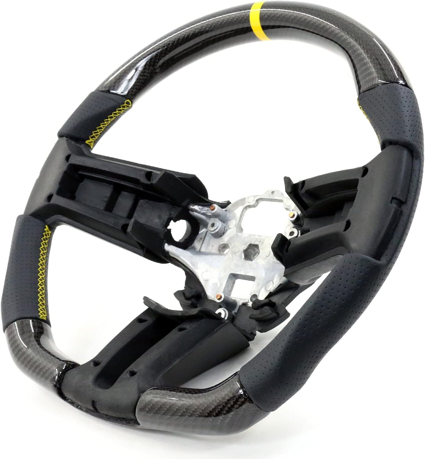IKON MOTORSPORTS, Steering Wheel Compatible with 2010-2014 Ford Mustang, Steering Wheel Bodykit Replacement Carbon Fiber & Leather Yellow Stitch & Indicator, 2011 2012 2013