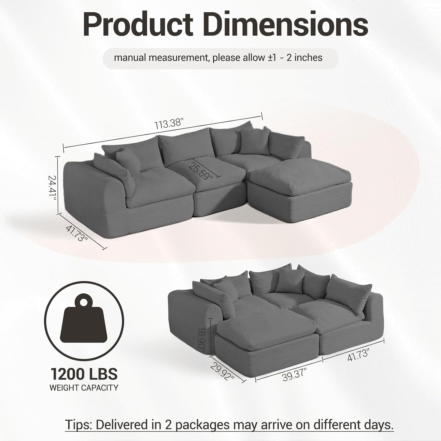 Modular Cloud Couch Sectional, Boneless Sofa with Ottoman, Deep Seat Fluffy Sectional Couch for Living Room & Bedroom, No Assembly Required, Grey
