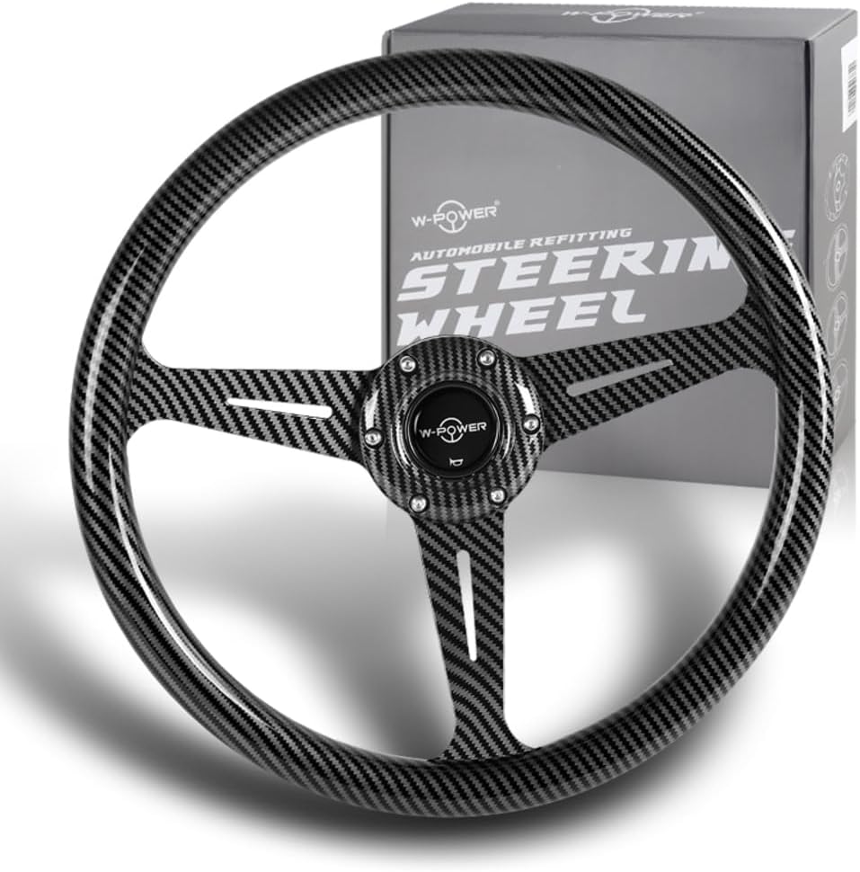 W-Power, 14' Universal 350mm 6 Bolt Hole Aluminum Polished 'Galaxy' Wood Grain Trim Steering Wheel, 3-Spoke, Black Horn Button JDM VIP Style (Black Caron Fiber Look Style Grip - Carbon Look Center)