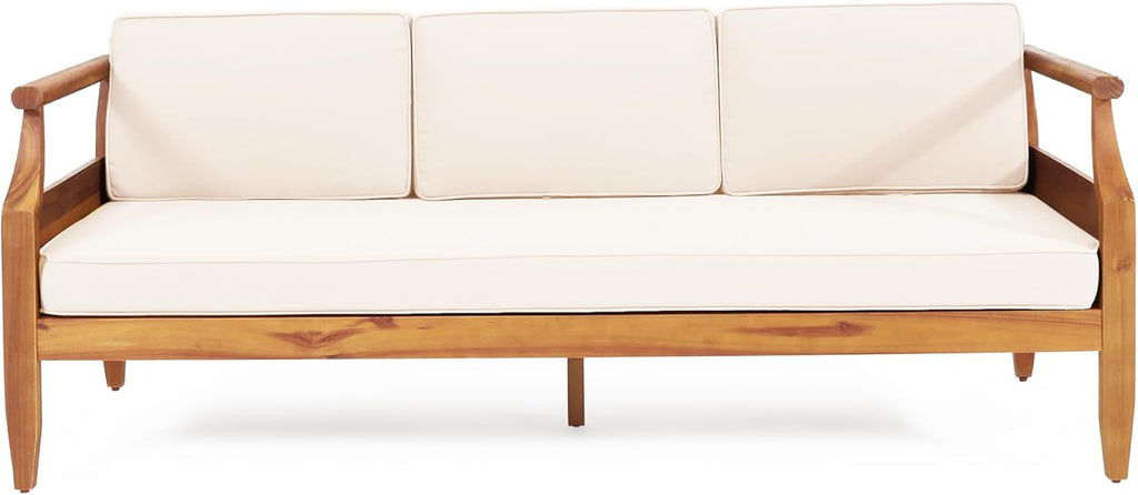 Christopher Knight Home Aston Outdoor 3 Seater Sofa, Upholstered Cushion Couch, Acacia Wood Bench Sofa, Slat Armchair, 73.25' W Spacious Seating Bench Couch for Gardern Porch Balcony, Teak+Beige