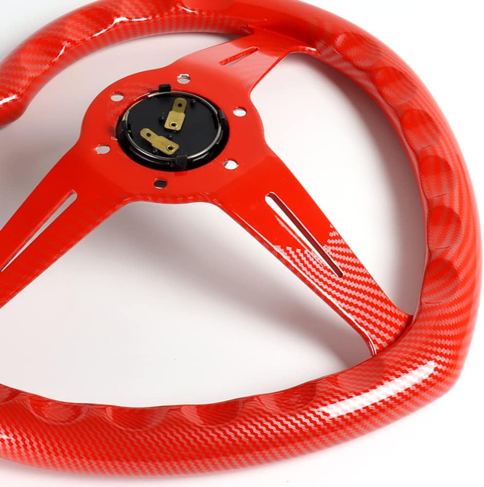 W-Power,13.5' Universal 343mm 6 Bolt Hole 3-Inche Deep Dish Aluminum Polished Heart-Shaped with Wood Grip Steering Wheel, Black Horn Button JDM Euro VIP Style, 3-Spoke (Carbon Red)