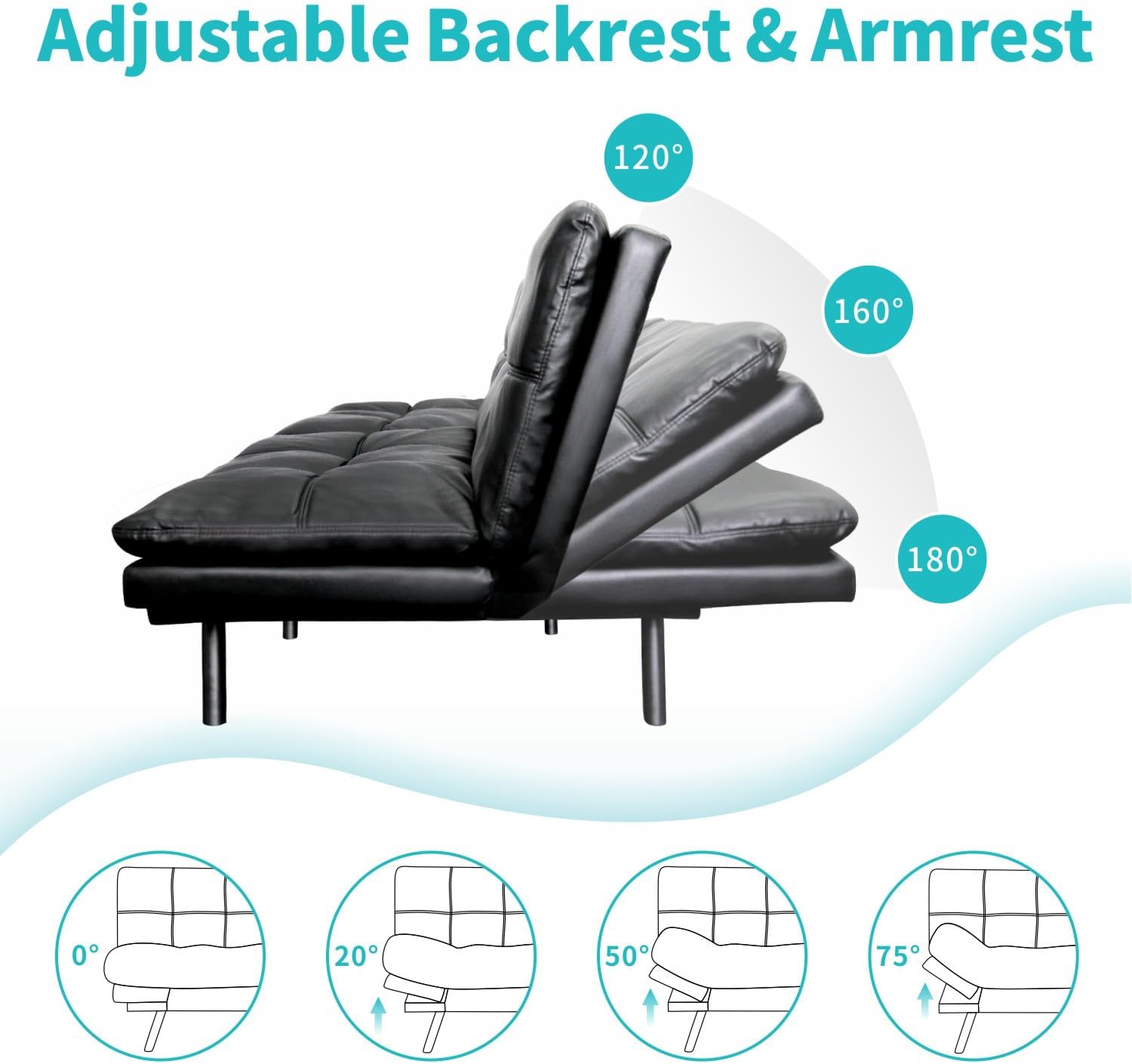 71' Convertible Futon Sofa Bed, Multi-Position Adjustable Back & Arms, Space-Saving Comfortable Sleeper Couch, Modern Loveseat for Urban Apartments & Offices – Black