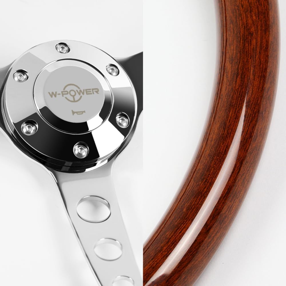 W-Power, 15' Reinforced 380mm 6 Bolt Hole Aluminum Finised Brown Wood Grain Trim Steering Wheel, Chrome Horn Button JDM Euro VIP Style, 3' Deep (Brown Wood Grain/Chrome Spoke)