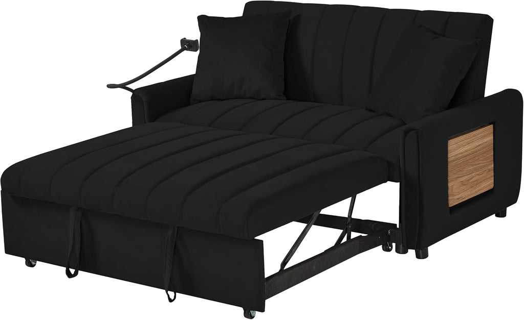 Convertible Sofa Bed, Pull Out Couch with 3-Position Reclining Backrest, Modern Velvet Upholstery Futon Sofa Bed, Loveseat Couch for Living Room, Apartments & Guest Rooms (Black-2)