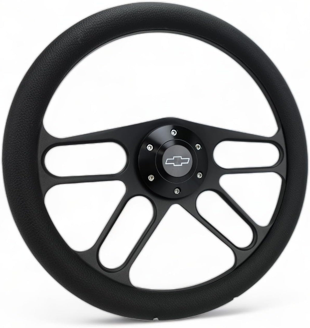 14' Billet Black Aluminum Muscle - Half Wrap 6 Hole Steering Wheel With Chevy Horn Button 4 Spoke
