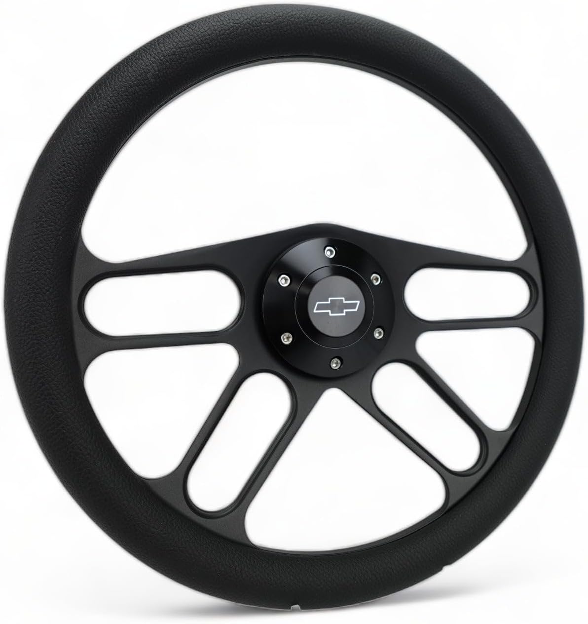 14' Billet Black Aluminum Muscle - Half Wrap 6 Hole Steering Wheel With Chevy Horn Button 4 Spoke