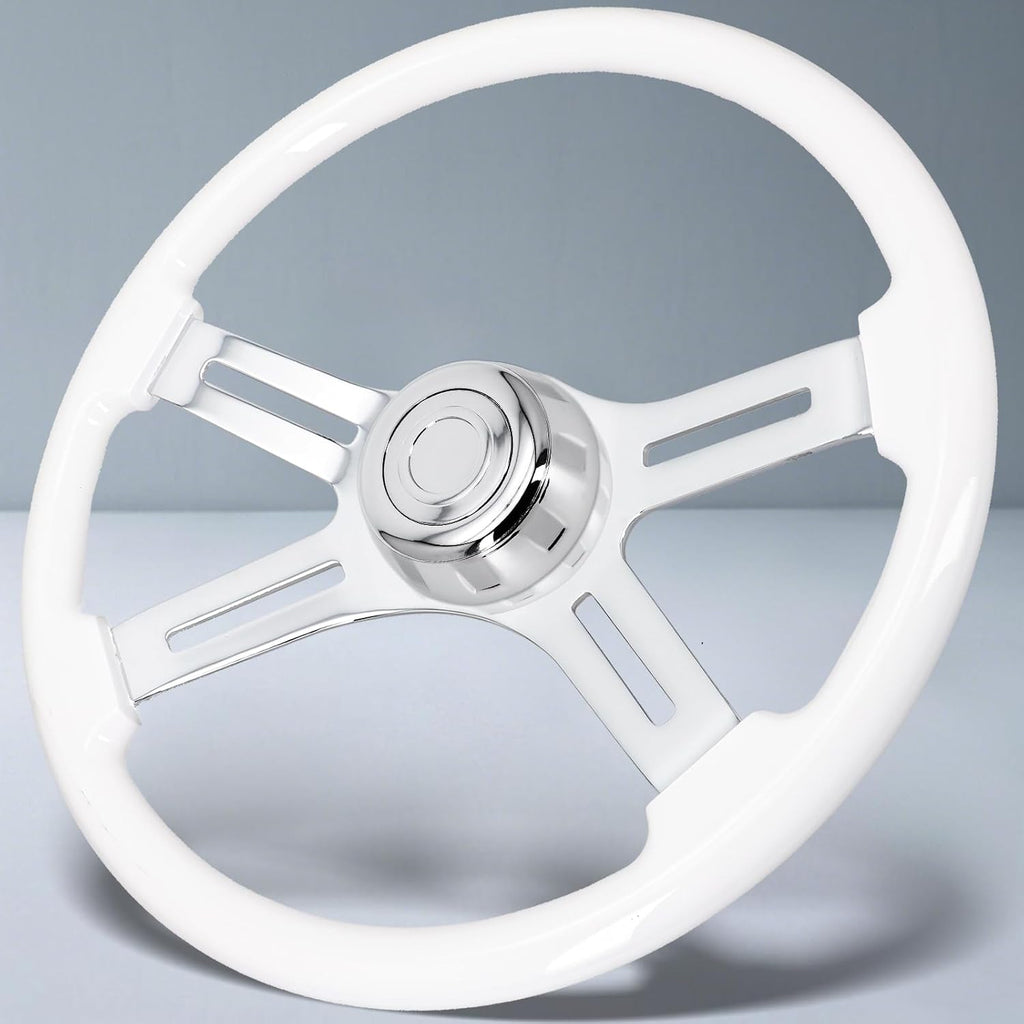 Sorghum 18' Solid Wood Steering Wheel - 4 Spokes Aluminum Chrome Classic Steering Wheel with Horn Button for Semi-Trailers Trucks Compatible with Mack Kenworth Peterbilt Volvo Freightliner-White