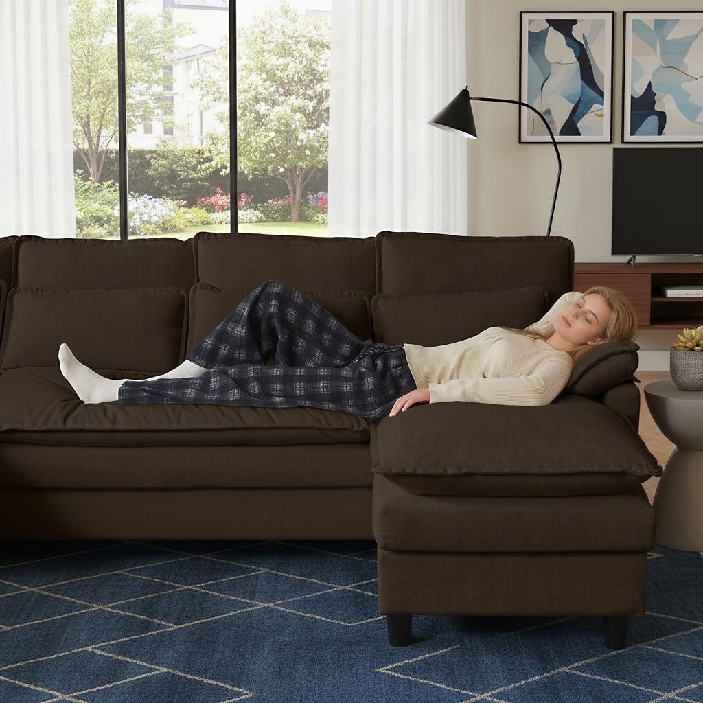 105' Convertible Sectional Sofa, U Shape Cloud Couch, Comfy Couches with Double Chaise and Sleepable Armrests, 4 Seats Sectional Couches for Living Room, Coffee