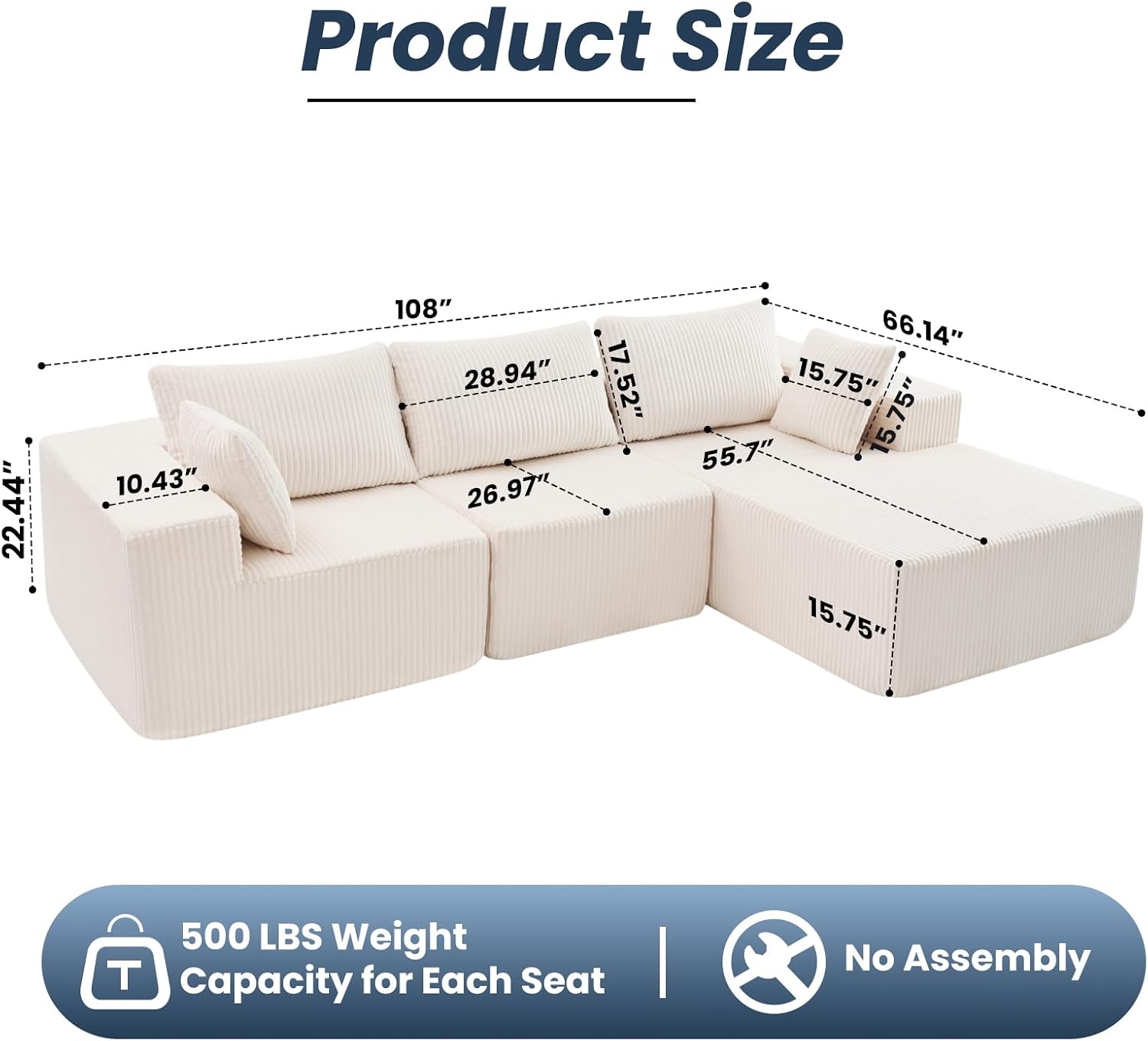 DUMOS 108' Boneless Couch, Cloud Sectional Couch with L-Shape Chaise, Modular Sectional Sofa with Deep Seat, Fluffy Couch for Living Room Bedroom, No Assembly Required, Beige, Right Facing Chaise