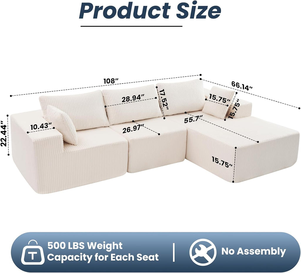 DUMOS 108' Modular Sectional Sofa, Cloud Sectional Couch with Deep Seat, Modern Modular L-Shape Sofa Couch with Chaise,Upholstered Boneless Couches for Living Room Bedroom, Beige, Right Facing Chaise