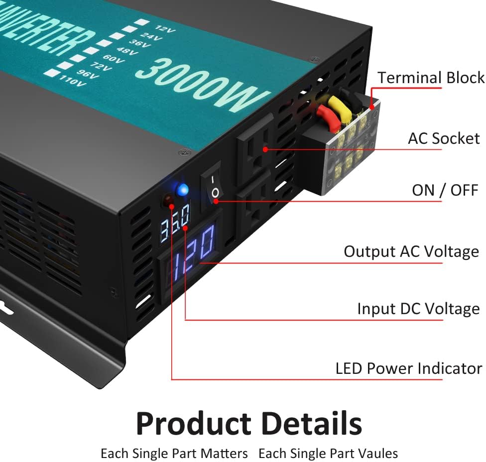 WZRELB 3000W 36V 120V Pure Sine Wave Power Inverter with 2 AC Outlets,Car Inverter, Model Number: RBP-300036