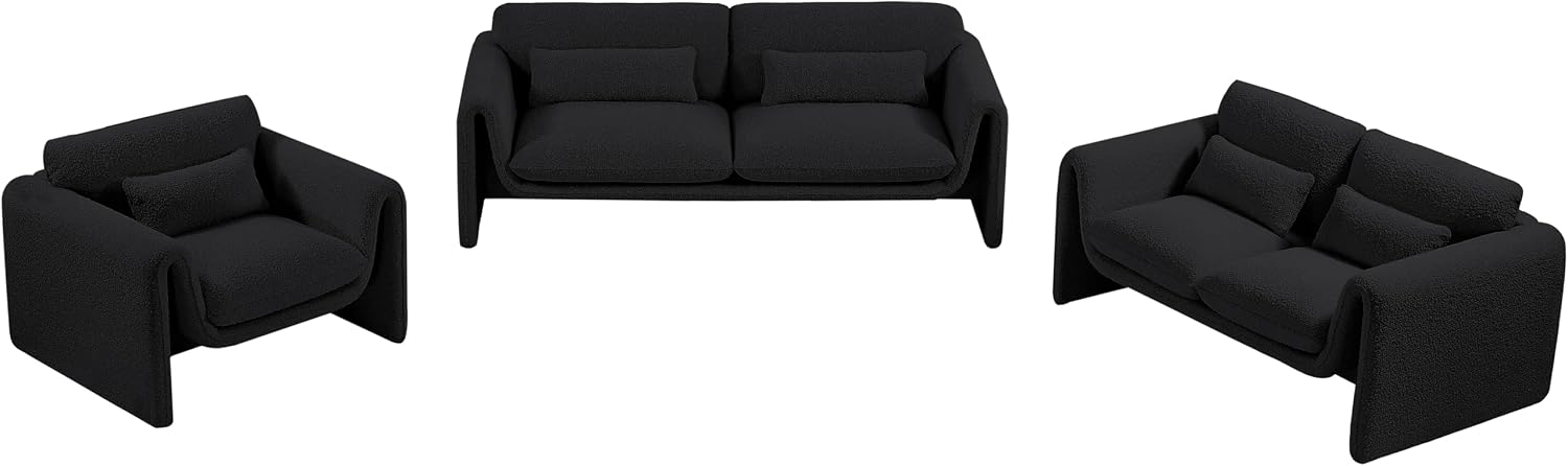 Meridian Furniture 198Black-S Stylus Collection Modern | Contemporary Boucle Fabric Upholstered Sofa with Rich Black Boucle Fabric, Curved Arms, 86' W x 38' D x 31' H, Black