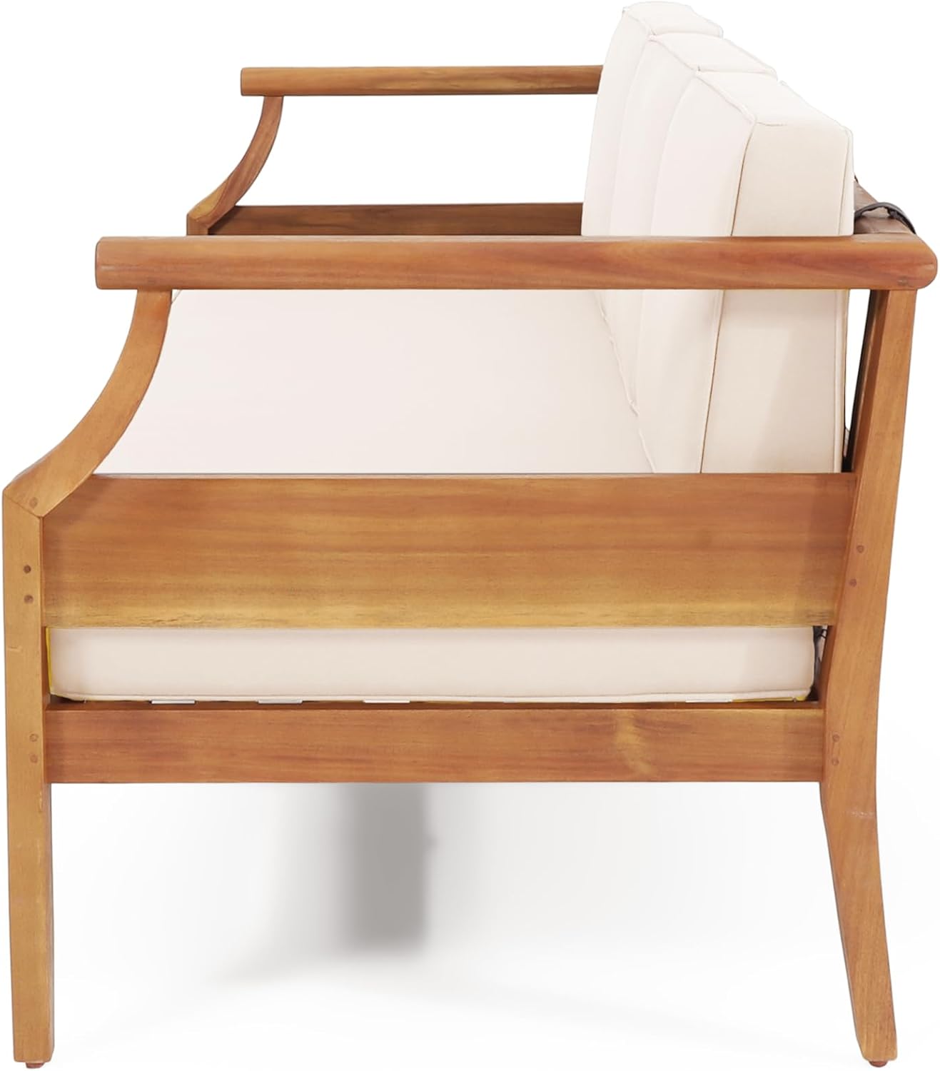 Christopher Knight Home Aston Outdoor 3 Seater Sofa, Upholstered Cushion Couch, Acacia Wood Bench Sofa, Slat Armchair, 73.25' W Spacious Seating Bench Couch for Gardern Porch Balcony, Teak+Beige