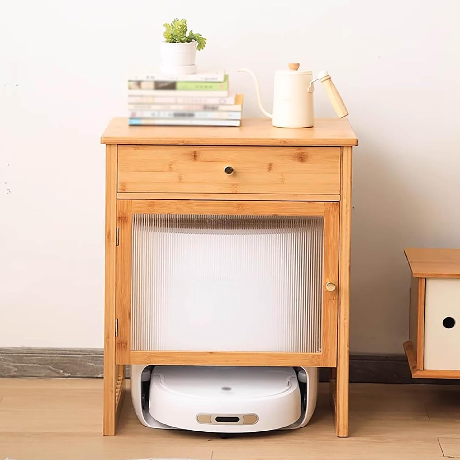 Wood Organizer Stand for Robotic Vacuum Cleaner, Storage Cabinet for Self-Emptying Robot Vacuum and Mop, Sweeping Robot Storage Rack with Storage Cabinet（A-55.5x46x73.5cm/21.8x18x29in）