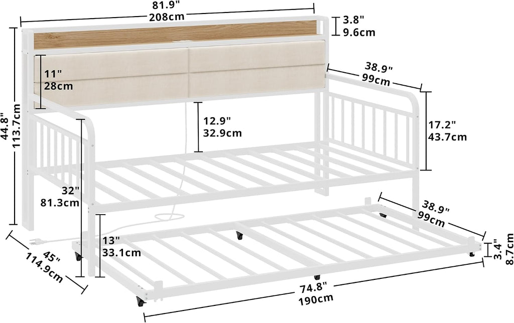 LIKIMIO Daybed with Trundle, Sturdy Metal Twin XL Size Bed Frame with Upholstered Headboard and Charging Station for Living Room, Bedroom and Guest Room, White