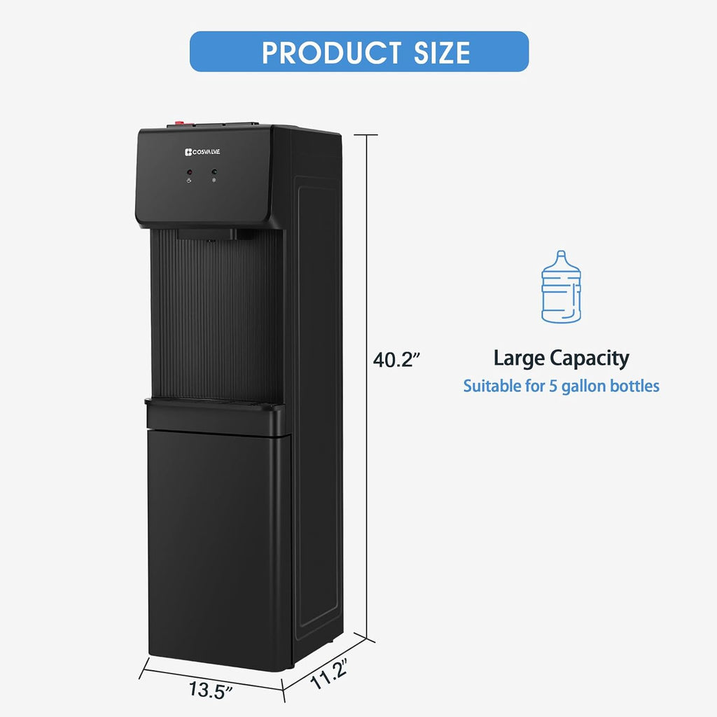 COSVALVE Water Cooler Dispenser, 5 Gallon Top Loading Hot/Cold Water Cooler w/Freezer Cabinet, Compression Refrigeration w/Child Safety Lock for Home Office, Apartment, Dorm