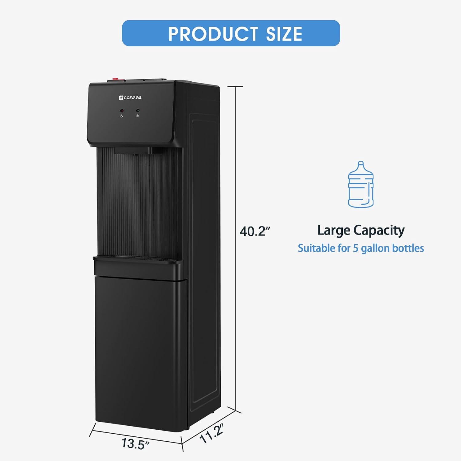 COSVALVE Water Cooler Dispenser, 5 Gallon Top Loading Hot/Cold Water Cooler w/Freezer Cabinet, Compression Refrigeration w/Child Safety Lock for Home Office, Apartment, Dorm