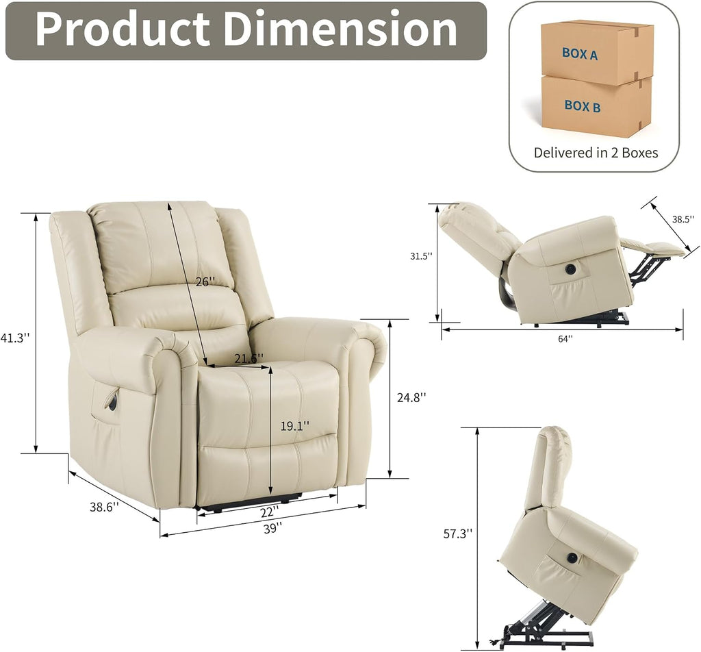 FLEXISPOT Power Lift Recliner Chair for Elderly with Heat & Massage, Faux Leather Electric Reclining Chair for Seniors with USB Ports, Cup Holders & Side Pockets, Cream
