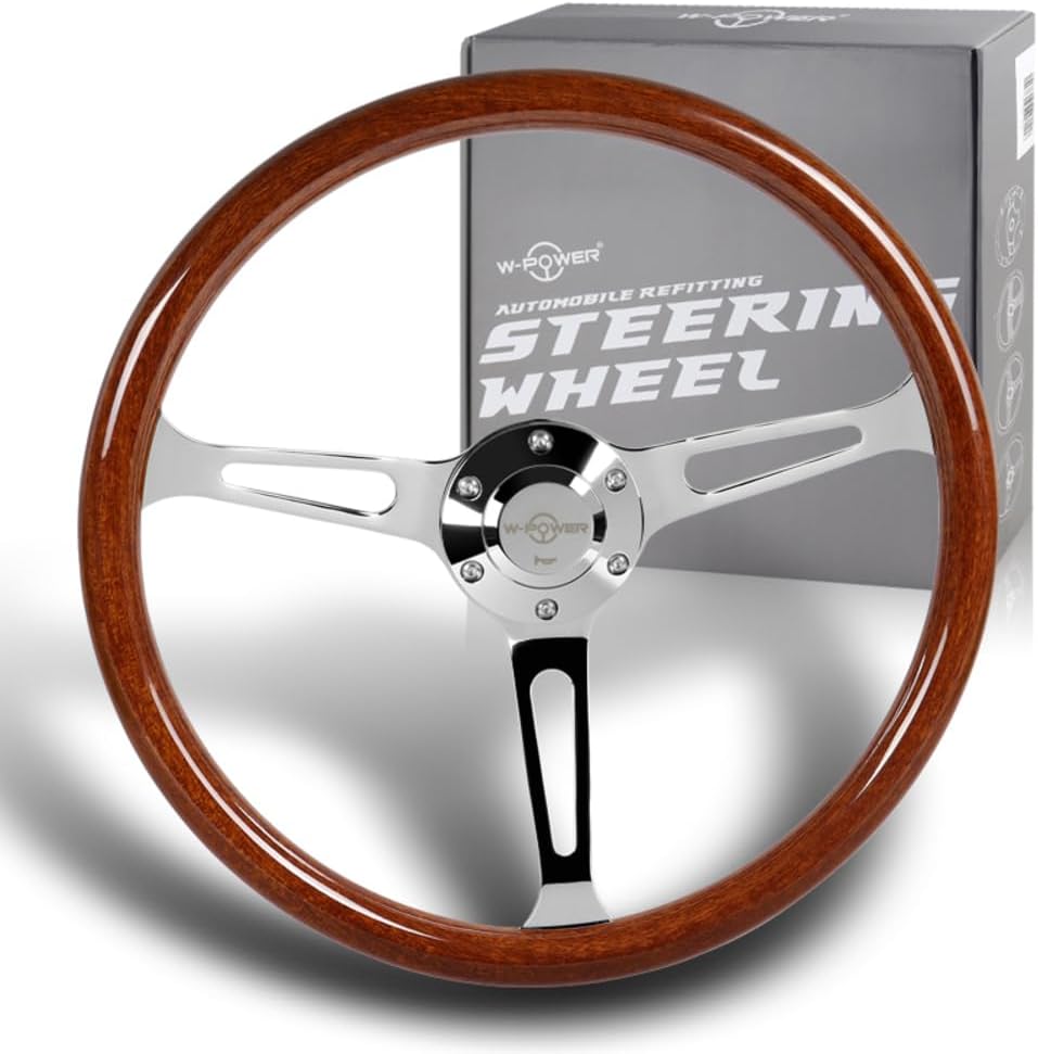 W-Power, 15' Reinforced 380mm 6 Bolt Hole Aluminum Finised Brown Wood Grain Trim Steering Wheel, Chrome Horn Button JDM Euro VIP Style, 3' Deep (Brown Wood Grain/Chrome Spoke)