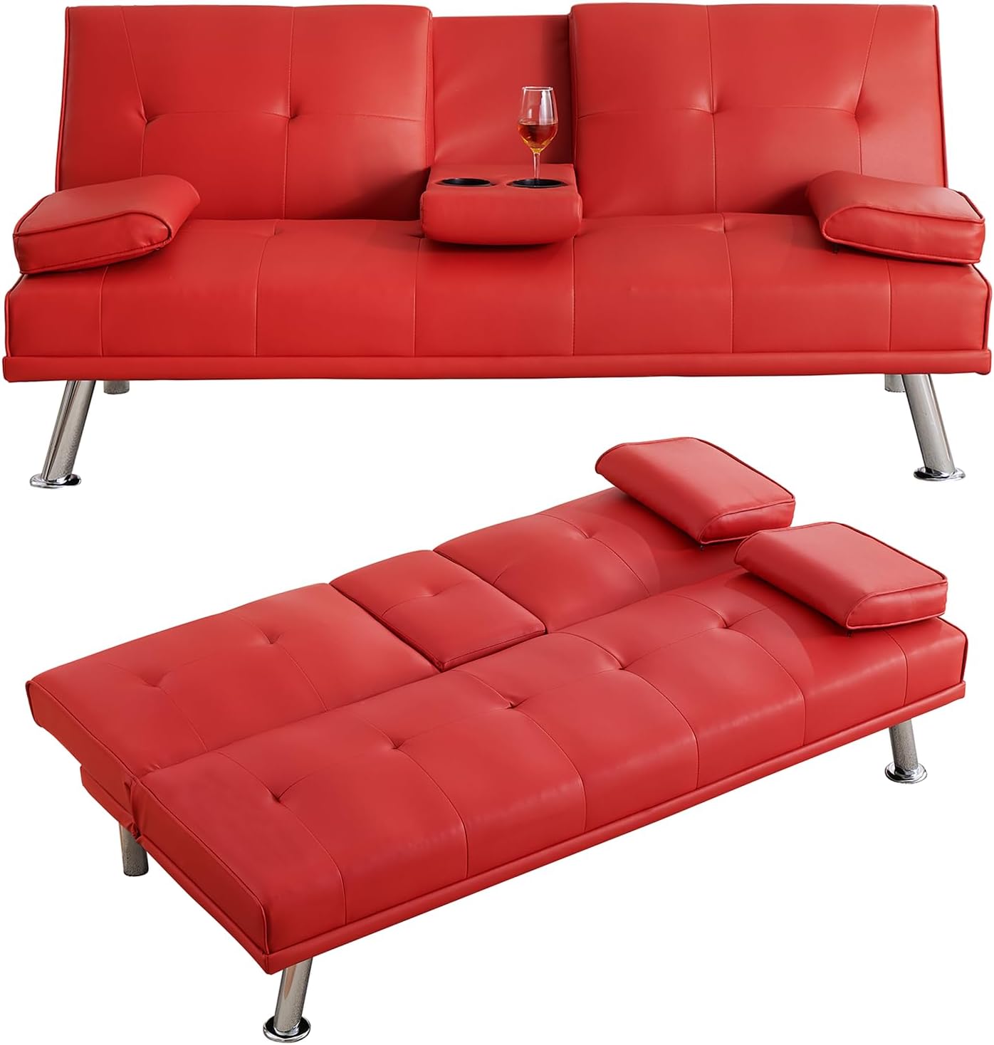 70' Futon Sofa Bed,Multifunctional Convertible Folding Futon Sofa Bed with Coffee Table, 3 Adjustable Reclining Sleeper Sofa, Small Leather Couch for Living Room/Bedroom Small Spaces (Red)
