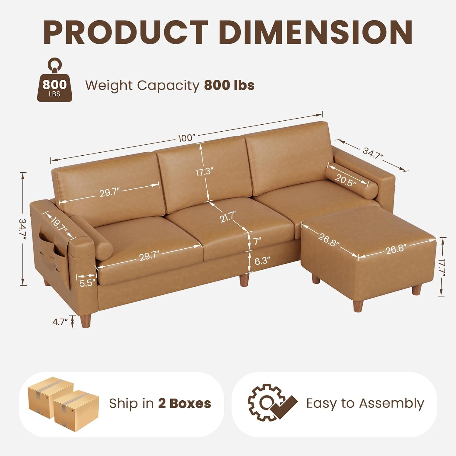 Vesgantti 100' L Shaped PU Leather Sofa with Movable Ottoman, 3 Seater Faux Leather Couch with Side Pocket, Comfy Modern Modular Sectional Couch for Living Room, Apartment, Camel