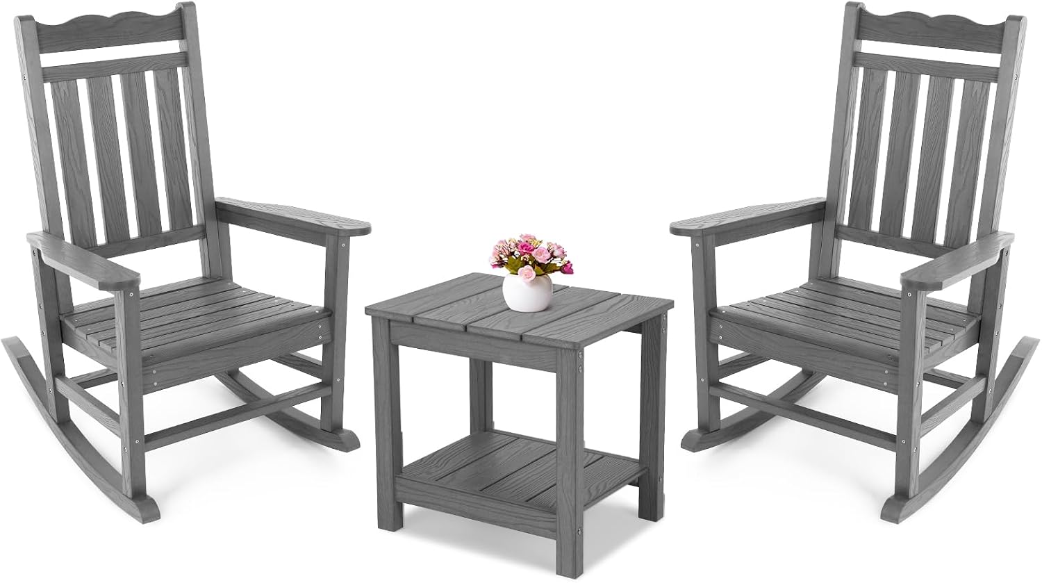 Stoog All-Weather Outdoor & Indoor Rocking Chairs Set of 2 with Table, 3 Piece Front Porch Rocker Set, 400Lbs Support Porch Rocker for Backyard, Lawn, Garden and Fire Pit, Grey