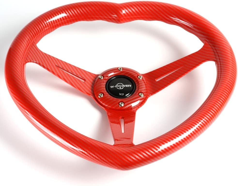 W-Power,13.5' Universal 343mm 6 Bolt Hole 3-Inche Deep Dish Aluminum Polished Heart-Shaped with Wood Grip Steering Wheel, Black Horn Button JDM Euro VIP Style, 3-Spoke (Carbon Red)