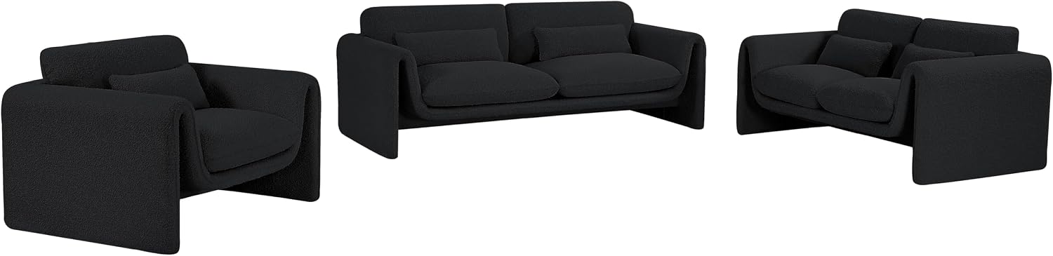 Meridian Furniture 198Black-S Stylus Collection Modern | Contemporary Boucle Fabric Upholstered Sofa with Rich Black Boucle Fabric, Curved Arms, 86' W x 38' D x 31' H, Black