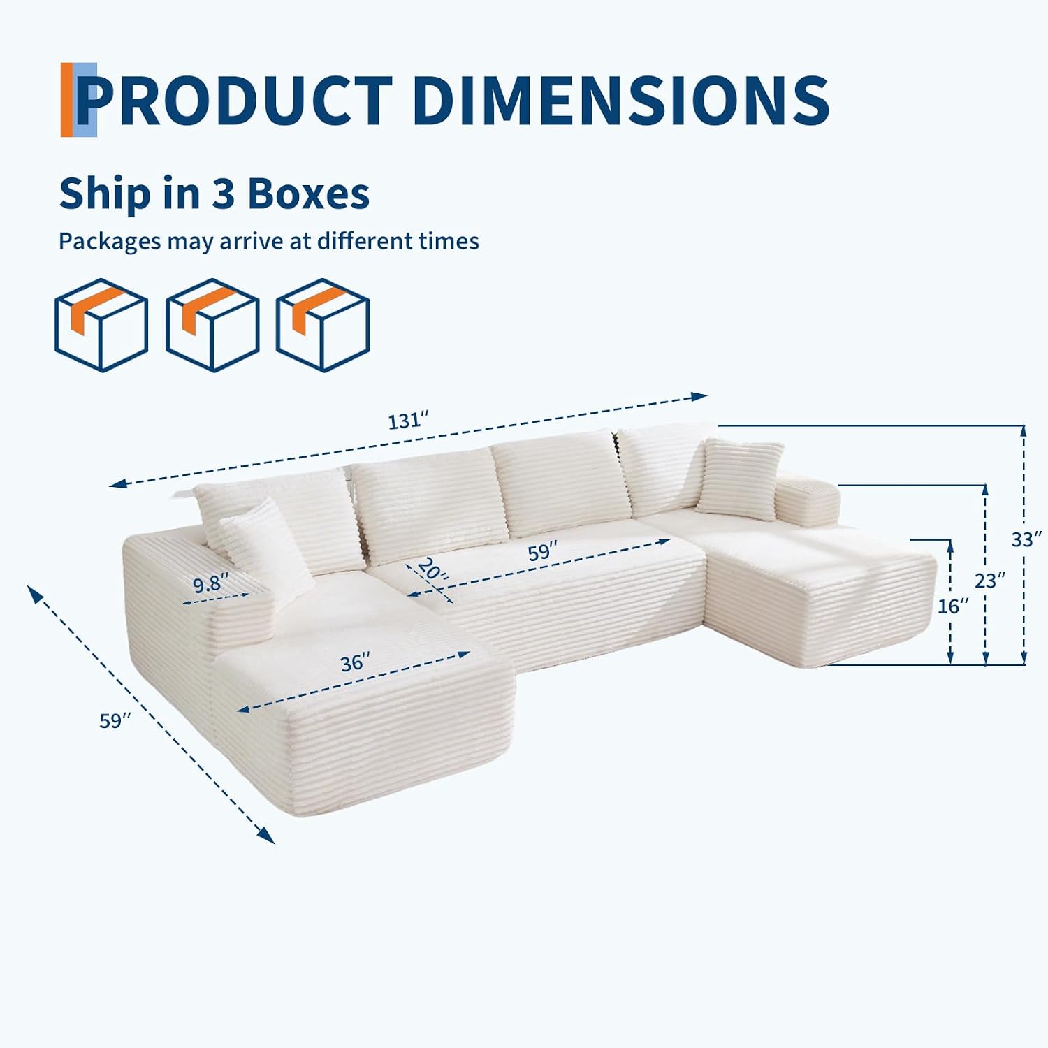 Garvee Boneless Couch U Shaped Sectional 130'' Modern Modular Cloud Couch with 2 Chaise Lounge, 4-Seat Corduroy Deep Seat Sofa with Pillows for Living Room