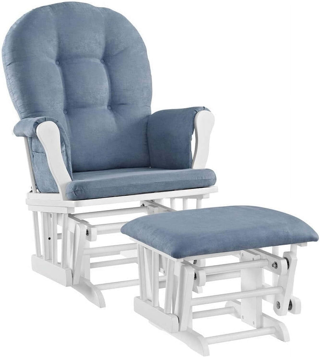 HomeStock Glider and Ottoman Set - Padded Arms, Storage Pockets, Metal Bearings White and Blue