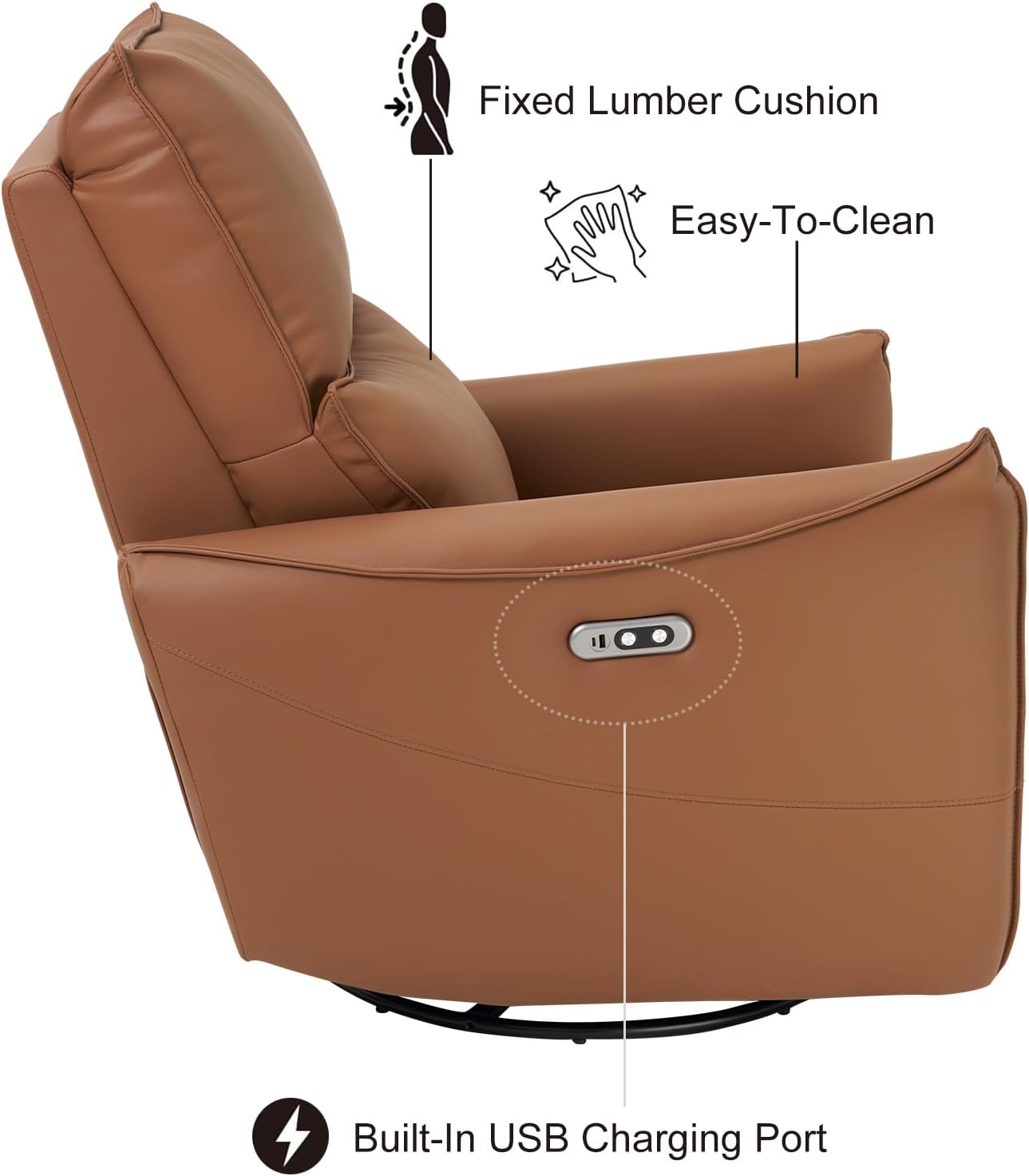 Recliner Sofa Rocking Chair Swivel Power Reclining Adjustable 360 Degree Spinning with Ergonomics Lumbar Support Natural Leather for Home Theater Seating Living Room, Bedroom, Nursery, Brown